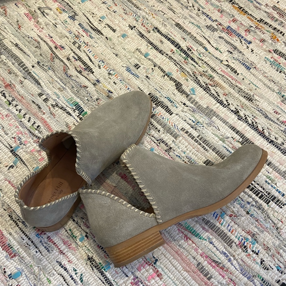 Garnet Hill, soft suede, low heel, ankle booties, light taupe, 39